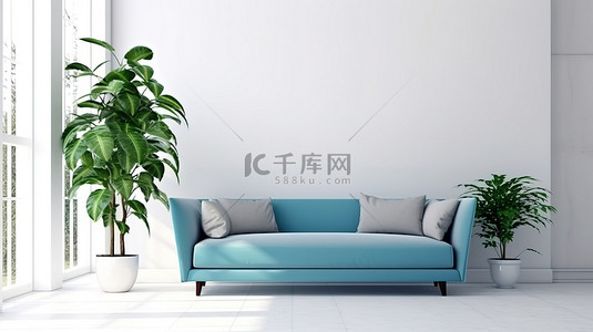 现代室内 3D 渲染中的现代蓝色沙发在干净的白色墙壁上突出显示