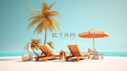夏天的树下背景图片_在棕榈树下的海滩躺椅上放松身心的热带度假插图，带有复制空间