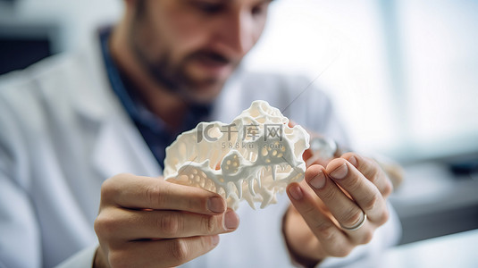身穿实验服的医科学生通过裁剪图像检查 3D 打印假牙