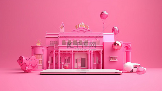 强调背景图片_粉红墙的 3D 插图强调移动银行的理念