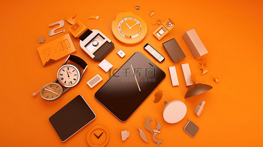 产品图标背景图片_充满活力的橙色背景与智能手机时钟信用卡 wifi 等 3D 图标