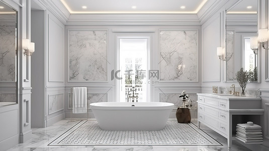 奢华的瓷砖装饰增强了 3D 渲染浴室的现代经典外观