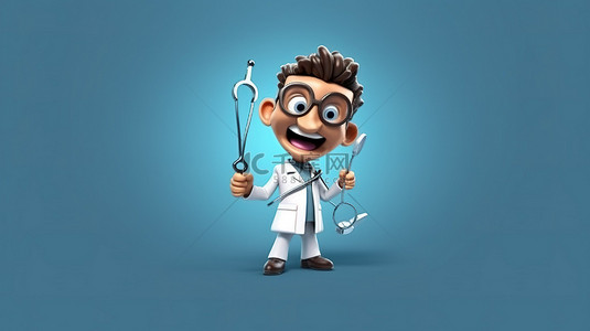 幽默的卡通医生与弯曲的手臂和注射器图标在纯蓝色背景 3D 插图
