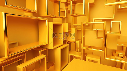 黄色背景下 3D 渲染中的金色矩形抽象