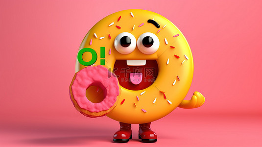 黄色背景的 3D 渲染，带有角色吉祥物大粉色釉面草莓甜甜圈，并附有商业饼图和信息图形