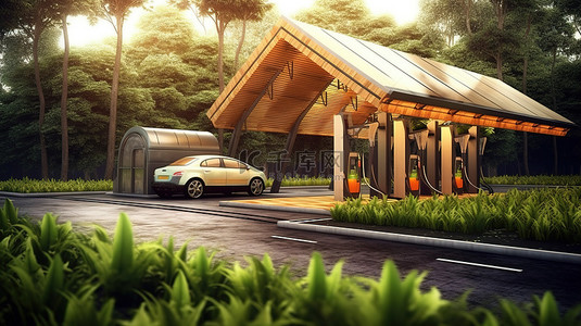 生物燃料背景图片_木制生物燃料加油站的 3d 插图