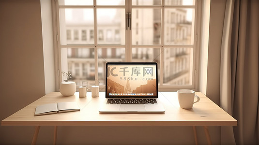 白色简约桌面背景图片_简约办公桌上的现代笔记本电脑模型，可看到 Windows 家庭办公室 3D 渲染