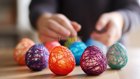孩子在创作背景图片_一个孩子用 3D 笔在白色背景上用塑料丝制作复活节彩蛋的特写