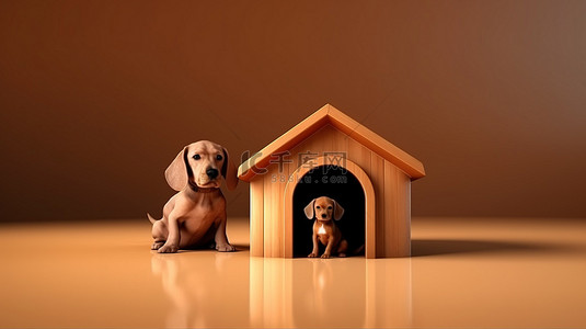 狗屋的 3D 渲染与可爱的棕色犬