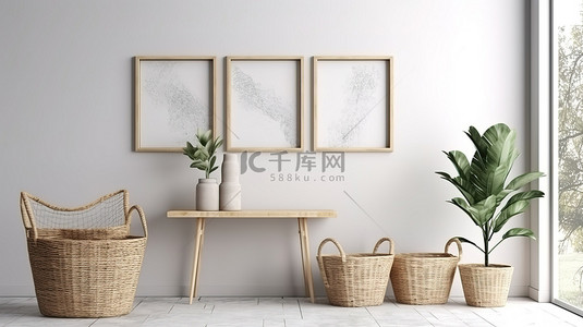 3D 渲染中的白墙框架模型通过桌篮和木地板和原始混凝土墙上的植物进行增强