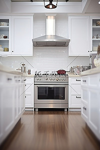 一个空的白色厨房，中间有两个不锈钢器具