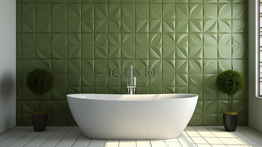 浴背景图片_现代白色浴缸与浴室橄榄绿几何瓷砖的特写 3D 渲染