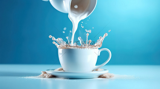 咖啡液体飞溅背景图片_蓝色背景上装满牛奶的白咖啡杯的 3D 渲染