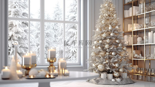 3D 插图节日装饰的圣诞树，配有礼物和玩具，采用斯堪的纳维亚风格的现代室内装饰