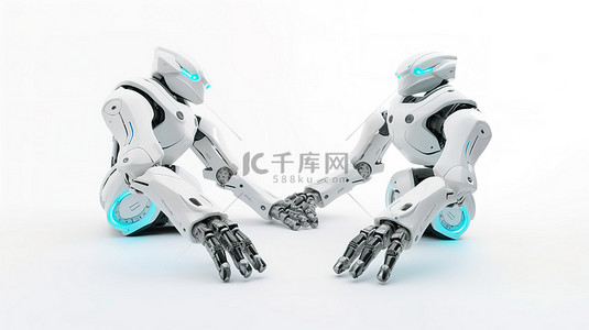 白色背景展示玩具机器人手在 3D 渲染中颤抖