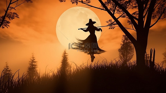 万鬼节背景图片_万圣节女巫剪影在满月上翱翔的 3D 插图