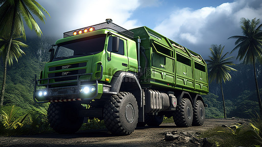 探险探险背景图片_3d 插图大型绿色卡车配备用于远程探险