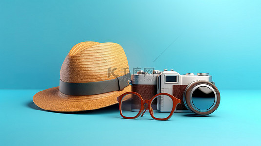 蓝色背景 3D 渲染上的旅行必需品太阳镜帽子和相机