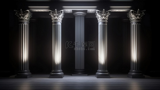 经典的柱子和闪闪发光的黑色门装饰着讲台，带有一丝优雅的3D渲染