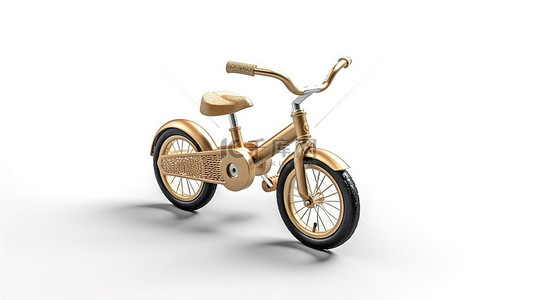 白色背景 3D 渲染中隔离的儿童 3 轮青铜自行车模型