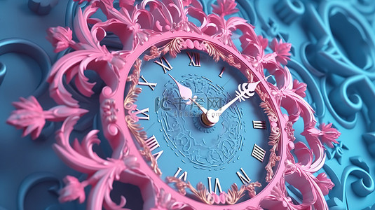 带有图案粉色时钟的蓝色背景的 3D 渲染