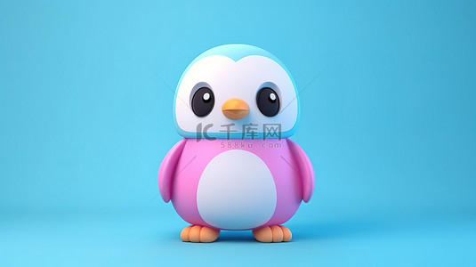 可爱的双色调企鹅玩具，由橡皮泥或粘土制成，粉红色和白色，蓝色背景 3D 渲染图像