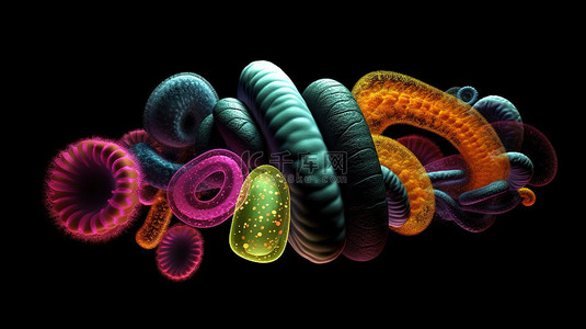 盆腔疼痛背景图片_3d 渲染的黑色背景上描绘的寄生蠕虫群