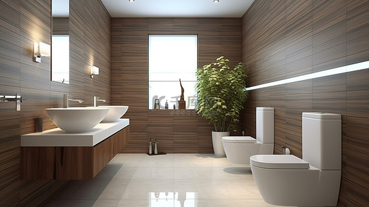 陶瓷马桶背景图片_时尚的现代浴室配有斑马条纹瓷砖，配有马桶和坐浴盆 3D 渲染