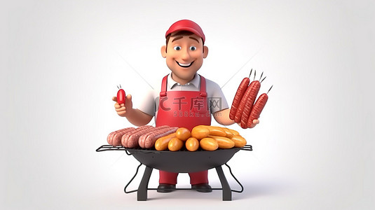 烧烤卡通背景图片_一个穿着红色背心的迷人男人在 3D 渲染中在烤架上煮香肠烤肉串和烧烤