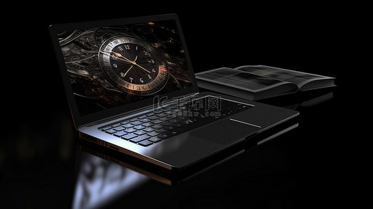 时间组件ui背景图片_黑色背景上的 3D 插图笔记本电脑和时钟