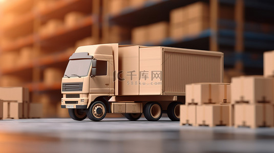 3D 渲染中，货运卡车和仓库附近堆放着棕色纸板箱的欧元托盘