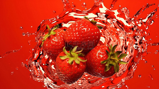 新鲜草莓在红色背景上溅水的 3D 插图