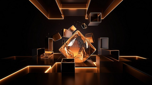 打开的魔法盒背景图片_围绕开放式礼物盒的豪华几何元素，3D 渲染概念内有空白空间