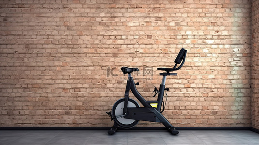 健康健身锻炼背景图片_砖墙背景突出了健身机中固定健身自行车的 3D 渲染