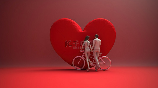 在活动背景图片_年轻夫妇在 3D 渲染中绕着红心符号骑自行车