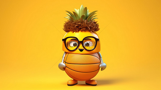 3D 渲染的卡通时髦菠萝吉祥物在黄色背景上打篮球，以获得有趣的时尚