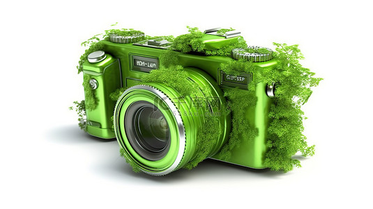 绿色相机是生态旅游的完美伴侣 3D 插图白色背景