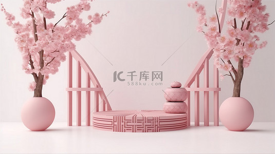 白色背景下日本讲台和樱花化妆品的 3D 渲染插图