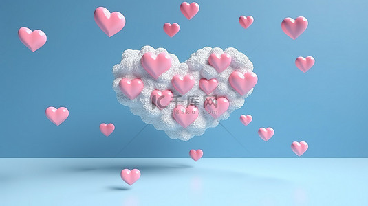 蓝色背景的 3D 渲染，粉红心雨落在白云上
