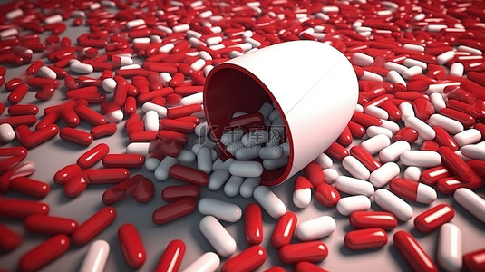 3d 渲染打开的红色和白色药丸胶囊内箭头形深红色颗粒的插图