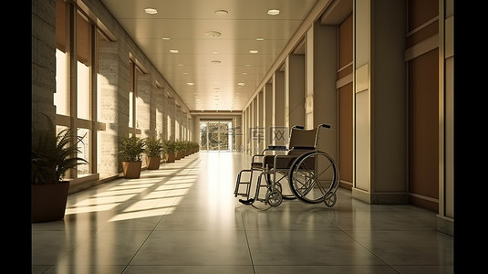 检查室外有轮椅的怪异和令人不安的医院走廊 3d 渲染