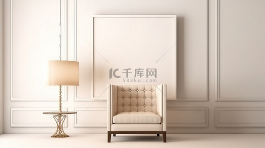 室内渲染图背景图片_现代室内设计控制台扶手椅，白色皮革，带天花板和落地灯 3D 渲染图