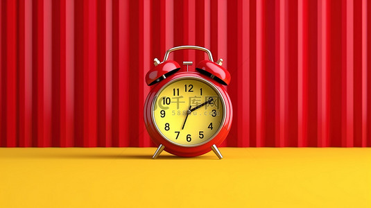 红木板背景背景图片_黄色背景上带有闹钟的红色木板的 3D 渲染