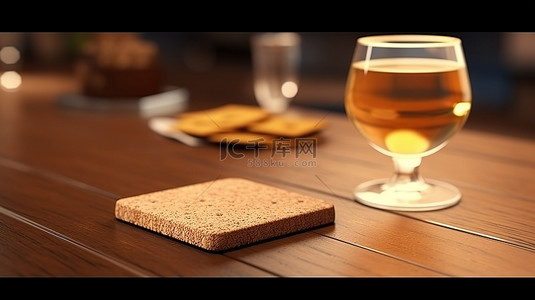 木桌上软木垫啤酒杯垫样机的 3D 渲染