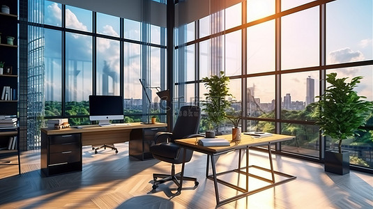 时尚办公空间的 3D 渲染，配有电脑桌，毗邻宽敞的玻璃窗