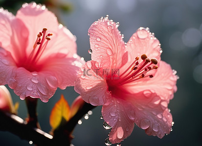 粉色春日背景图片_阳光明媚的春日，芙蓉花上覆盖着水滴