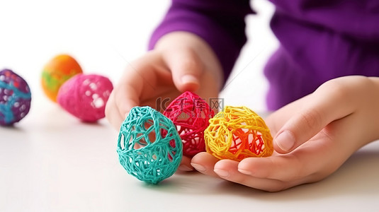 彩虹上的儿童背景图片_儿童使用 3D 笔在白色背景上用塑料丝制作复活节彩蛋的特写