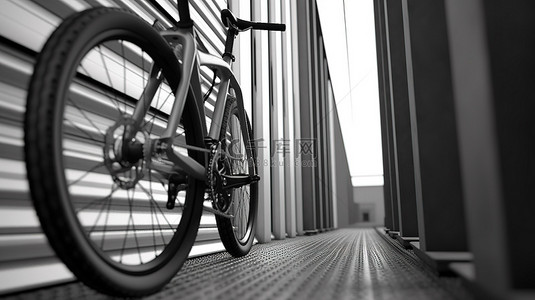工业建筑的极端特写渲染，外面有黑白山地自行车