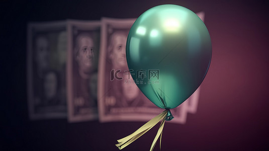 通背景背景图片_钱气球 绑在气球上的钞票的 3D 描绘，象征着因通货膨胀而价值下降的概念