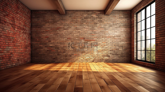 红墙背景纹理背景图片_一个房间的 3D 渲染插图，配有木地板和红砖纹理内部